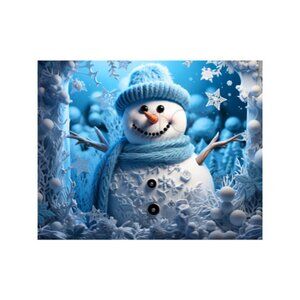 Snowman and Snowflakes Blue and White Art Print 10x8